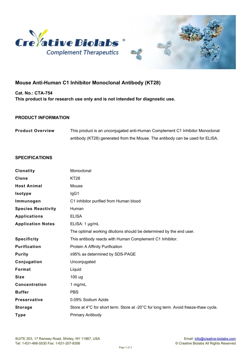 Mouse Anti-Human C1 Inhibitor Monoclonal Antibody (KT28)