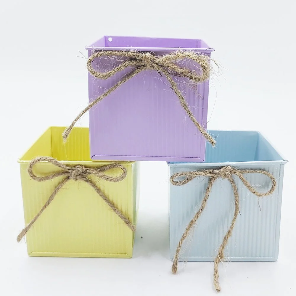 Pastel Square Tin Planter with Jute Bow Ribbed Metal Flower Pot Home Decor
