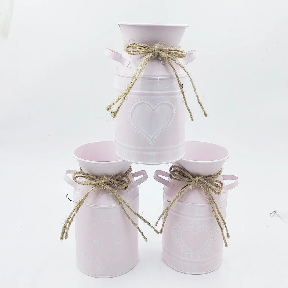 Vintage Heart Embossed Milk‑Can Metal Vase Pink Tin Pot with Jute Bow Home Decor