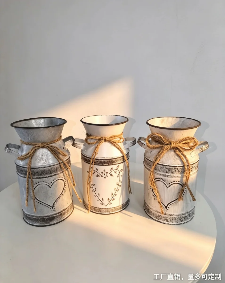 Shabby Chic Distressed Metal Milk Can Vase, Heart Pattern Vintage Milk Jug with Hand-tied Jute Bow, Farmhouse Tabletop Decor for Dried Flowers & Wedding Centerpieces