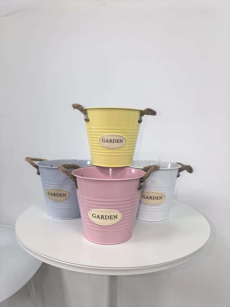 Colorful Metal Garden Bucket Planter with Jute Rope Handle, Galvanized Iron Flower Pot