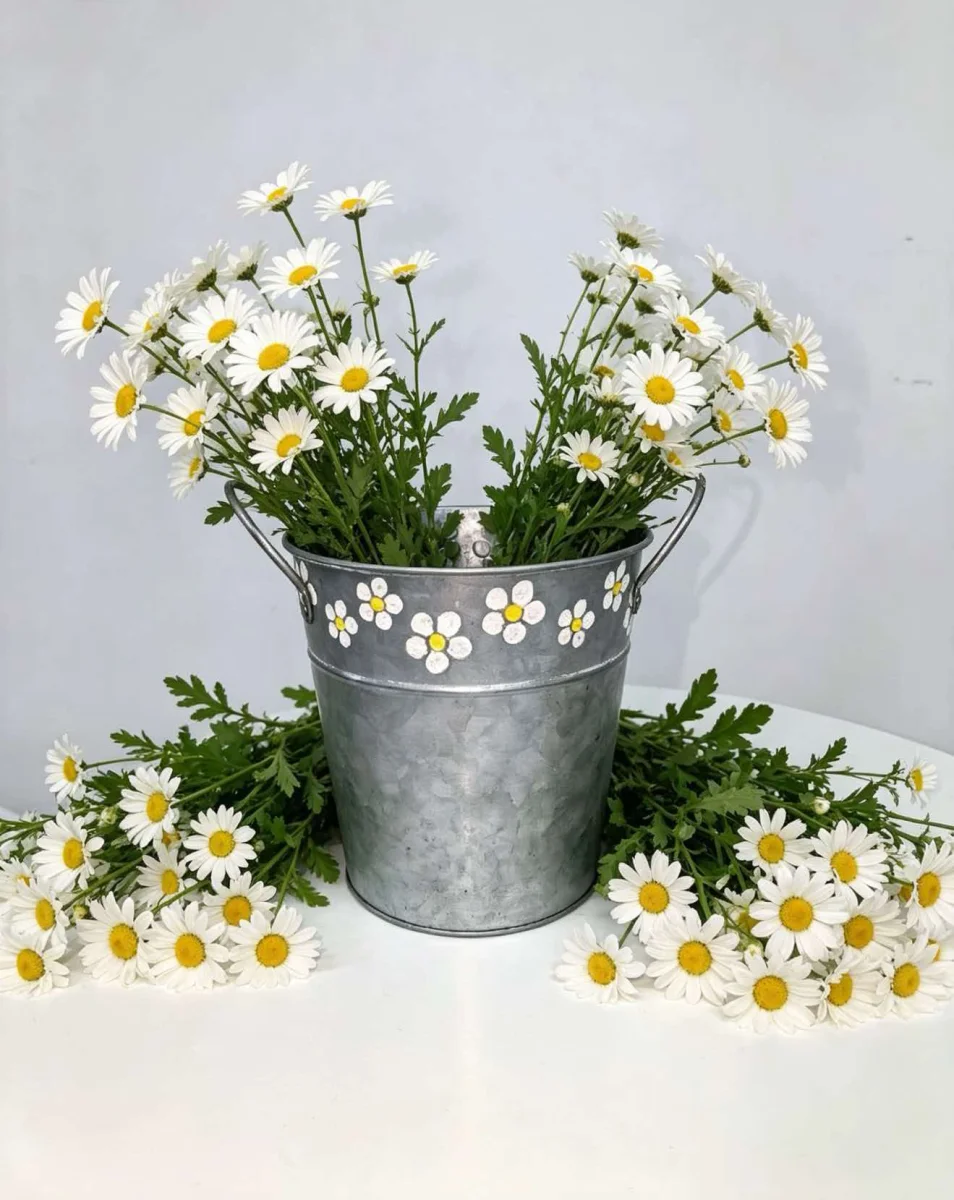 Galvanized Metal Watering Can & Bucket with Daisy Print, Farmhouse Flower Vase