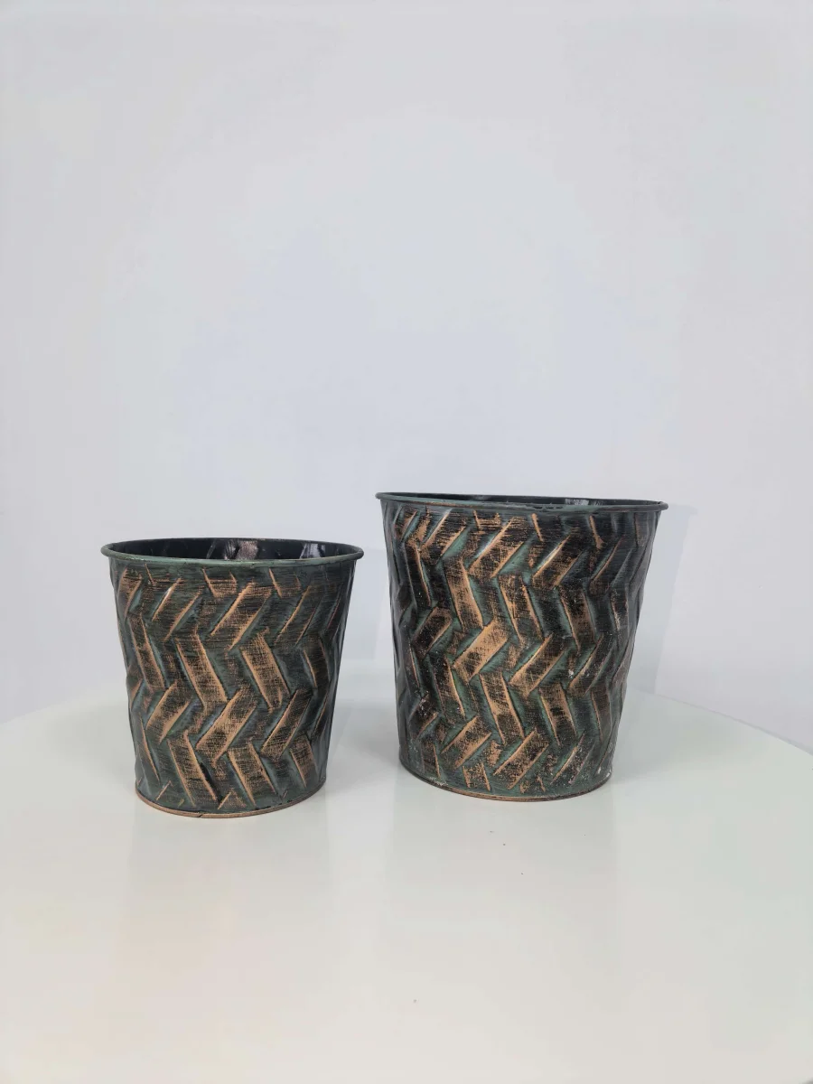 Rustic Green Bronze Metal Planter Set of 2, Vintage Herringbone Pattern Plant Pots