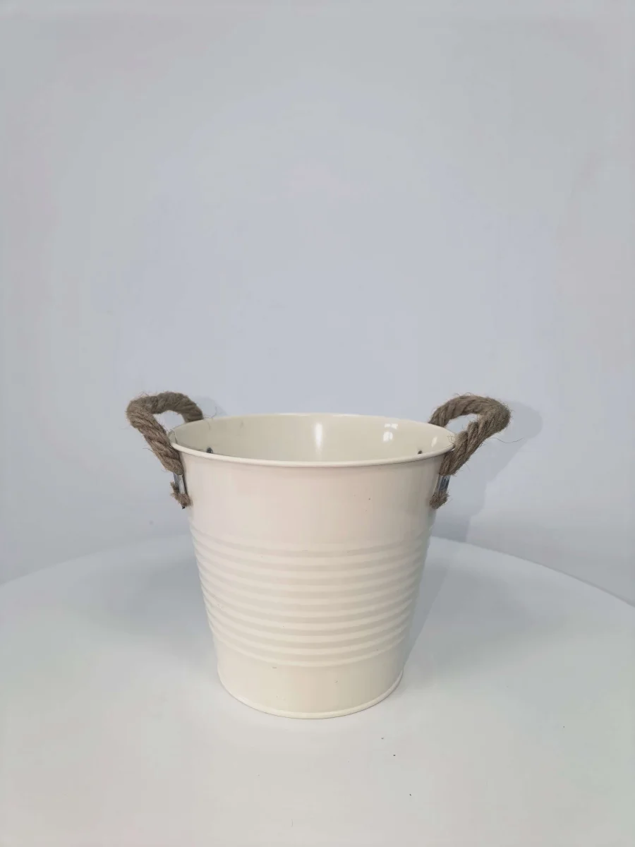 White Striped Metal Bucket with Rope Handles, Farmhouse Flower Pot
