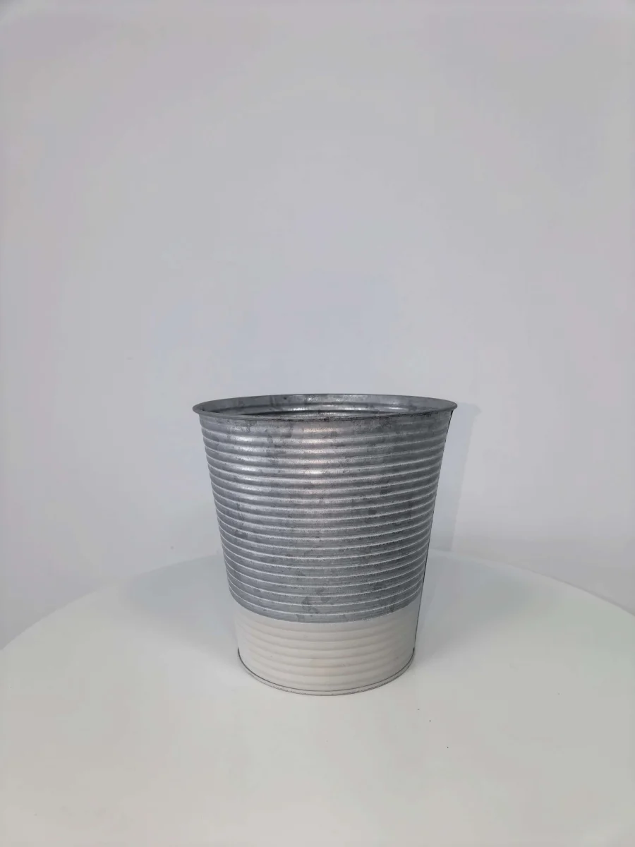Two Tone Ribbed Metal Planter Bucket, Galvanized Farmhouse Flower Pot