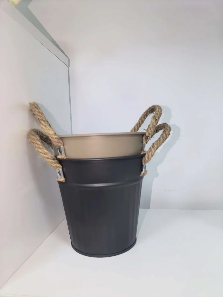 Galvanized Metal Bucket with Rope Handle, Farmhouse Decorative Flower Planter
