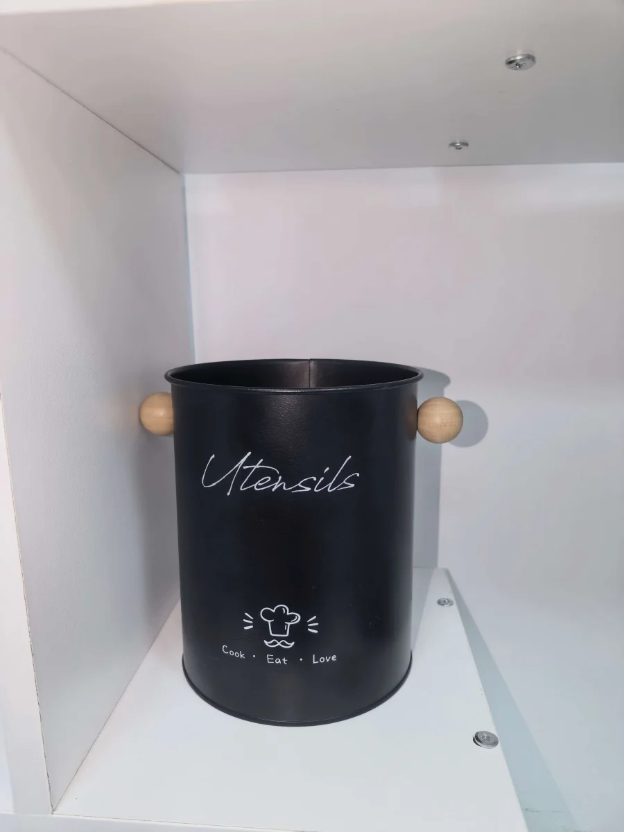 Metal Kitchen Utensil Holder with Wooden Knob Handles, Farmhouse Cooking Tool Storage Bucket