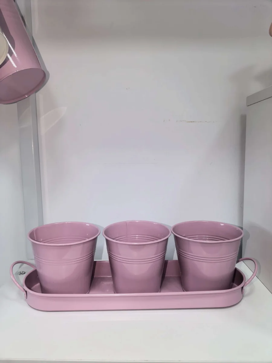 Pink Metal Planter Set with Tray, 3Pcs Galvanized Flower Buckets with Handle Tray