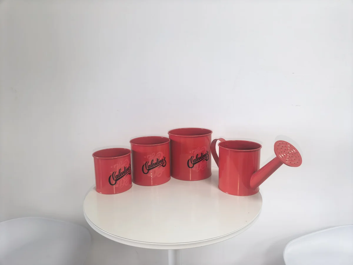 Red Metal Watering Can & 3Pcs Valentine's Day Iron Flower Pots, Glossy Red Decorative Planter Set for Valentine Home Decor