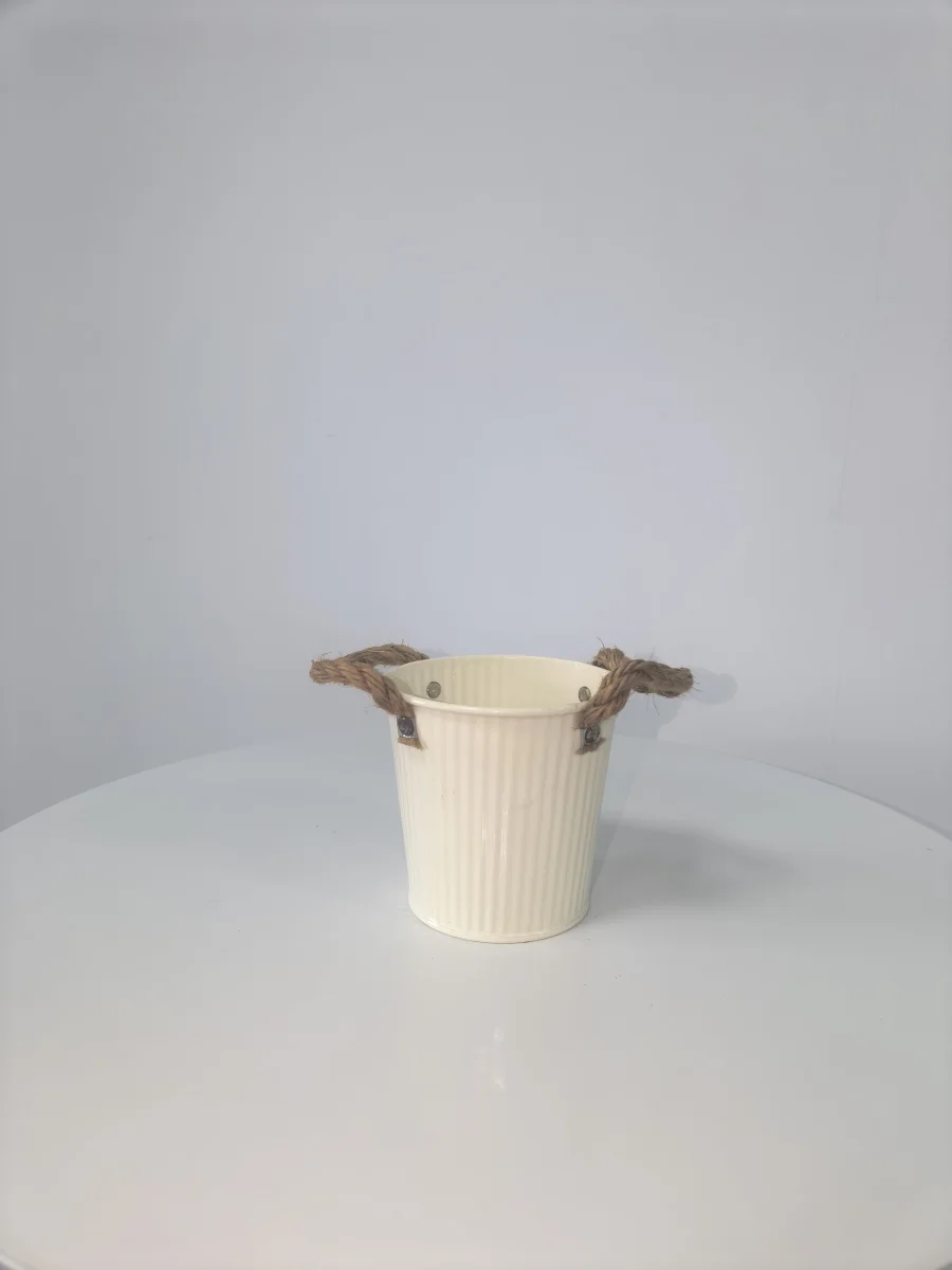 Cream White Vertical Ribbed Metal Bucket with Rope Handles, Farmhouse Decorative Iron Planter for Flowers & Storage
