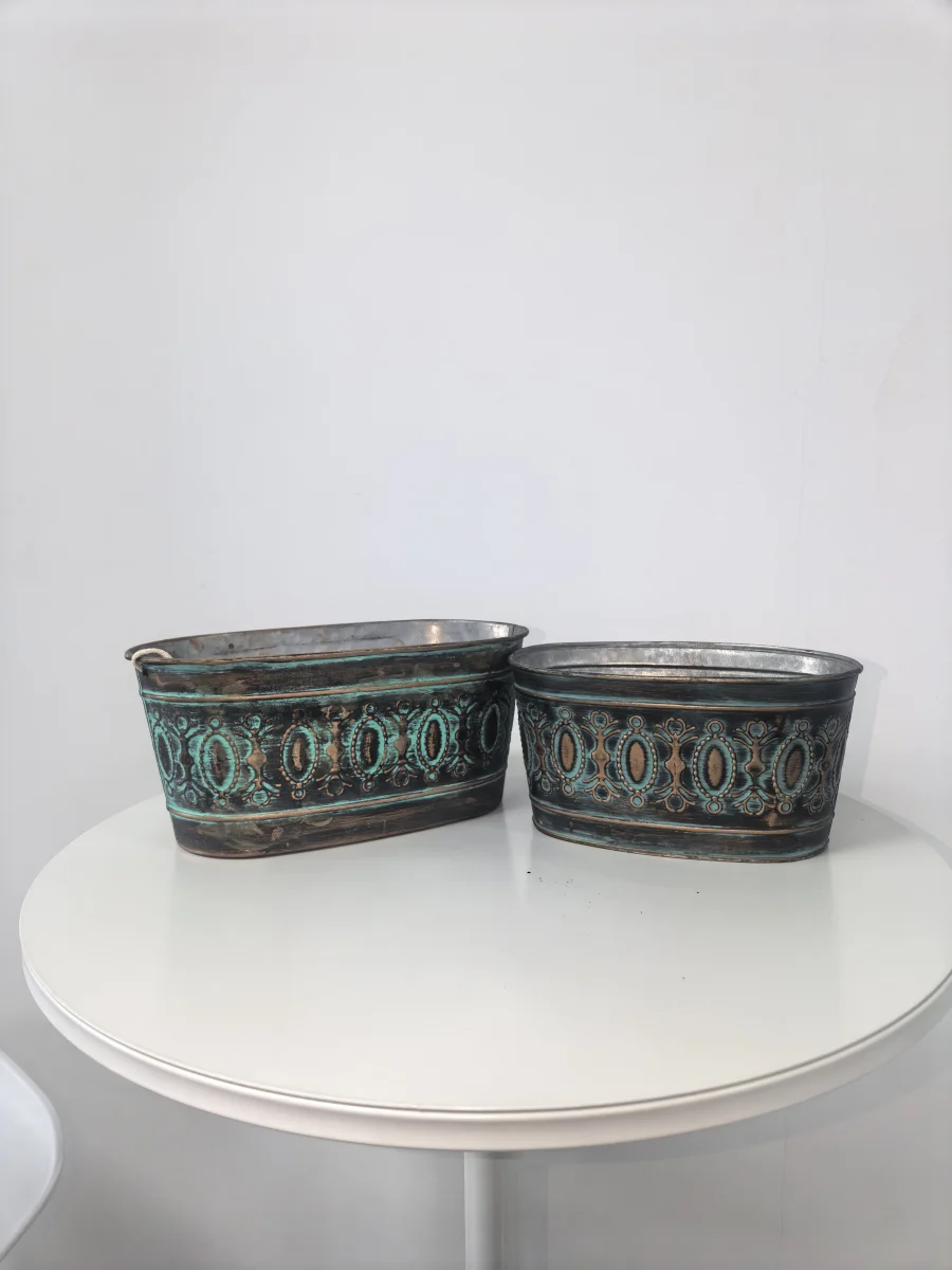 Set of 2 Vintage Embossed Oval Metal Planters, Distressed Teal Iron Flower Tubs for Farmhouse Home Decor