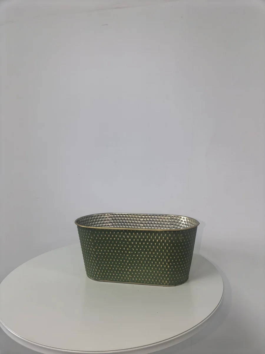Oval Hammered Metal Planter, Green Embossed Tin Flower Pot for Home Decor