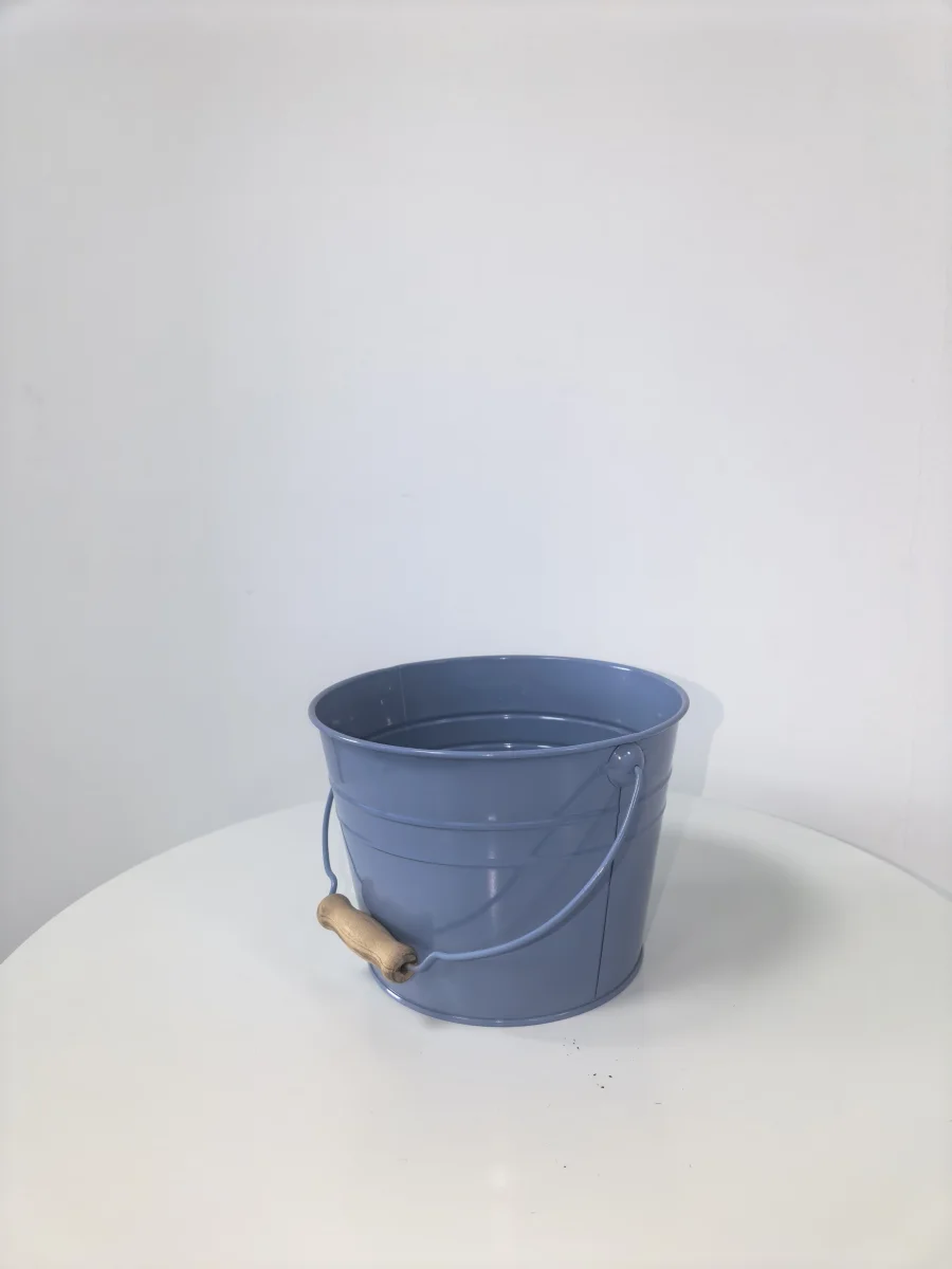Blue Metal Bucket Planter with Wooden Handle, Galvanized Tin Flower Pot