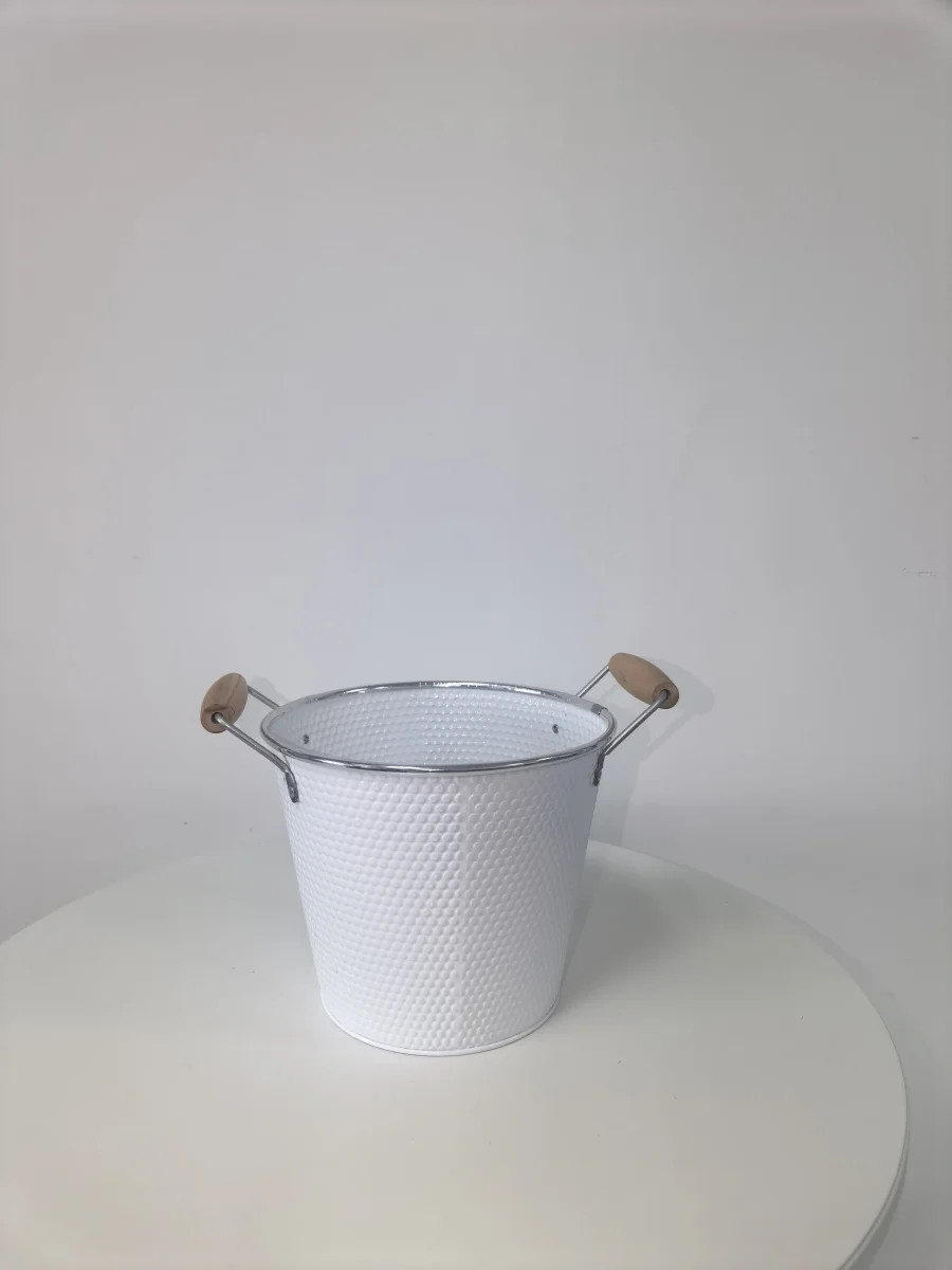 White Hammered Metal Bucket Planter with Double Wooden Handles