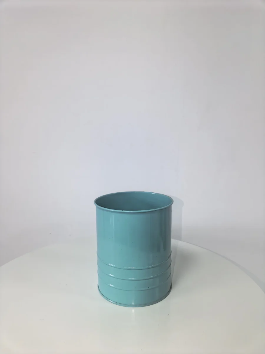 Cylindrical Turquoise Metal Planter, Ribbed Tin Flower Pot for Home Garden