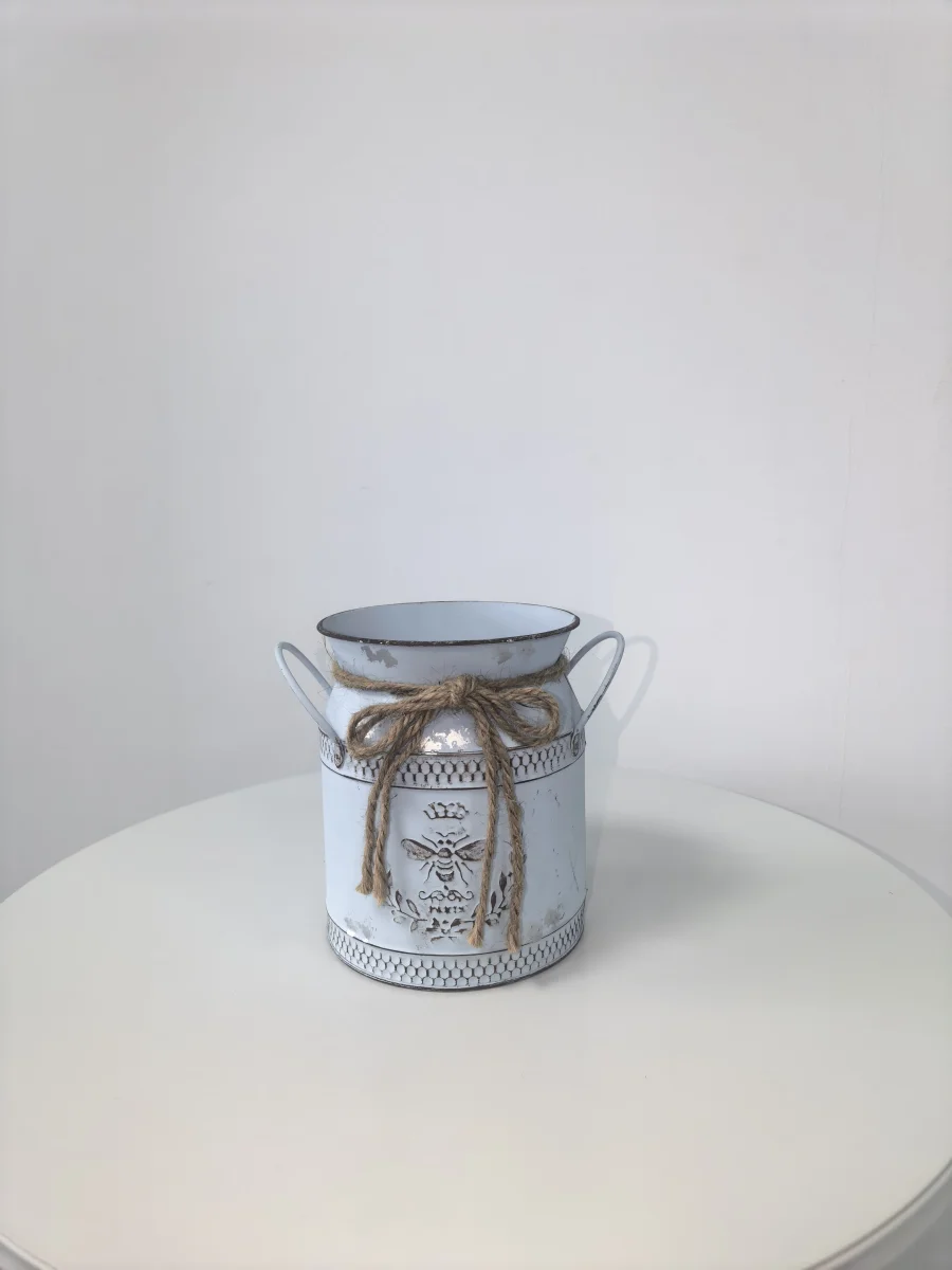 Distressed White Metal Milk Can Vase, Bee Embossed Farmhouse Decor with Rope Bow