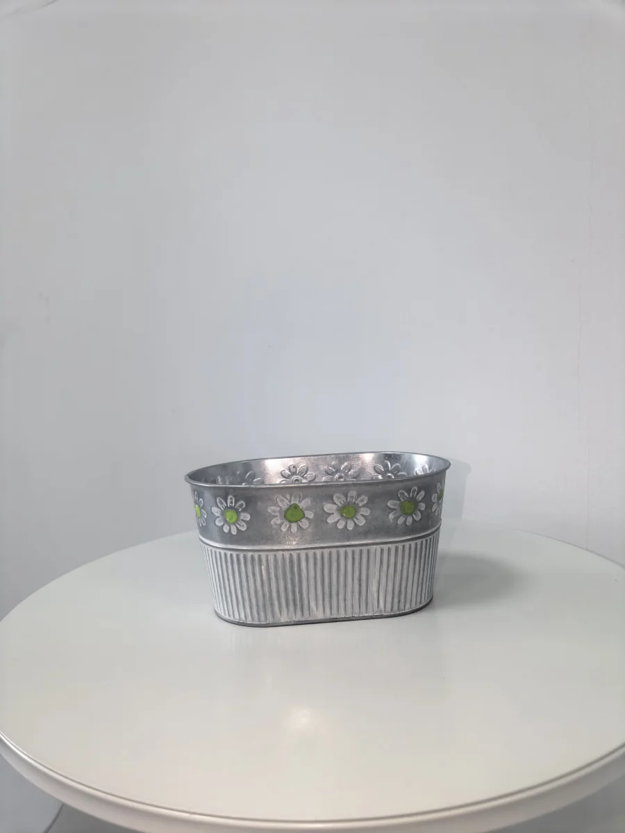Oval Galvanized Metal Planter with Embossed Daisy Flower Decor