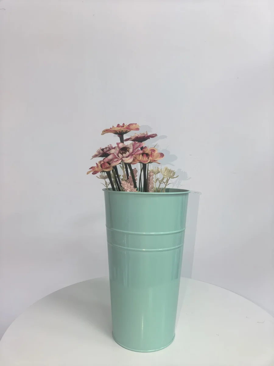 Light Mint Green Cylindrical Metal Flower Bucket, Ribbed Metal Vase for Dried Florals Home Decor