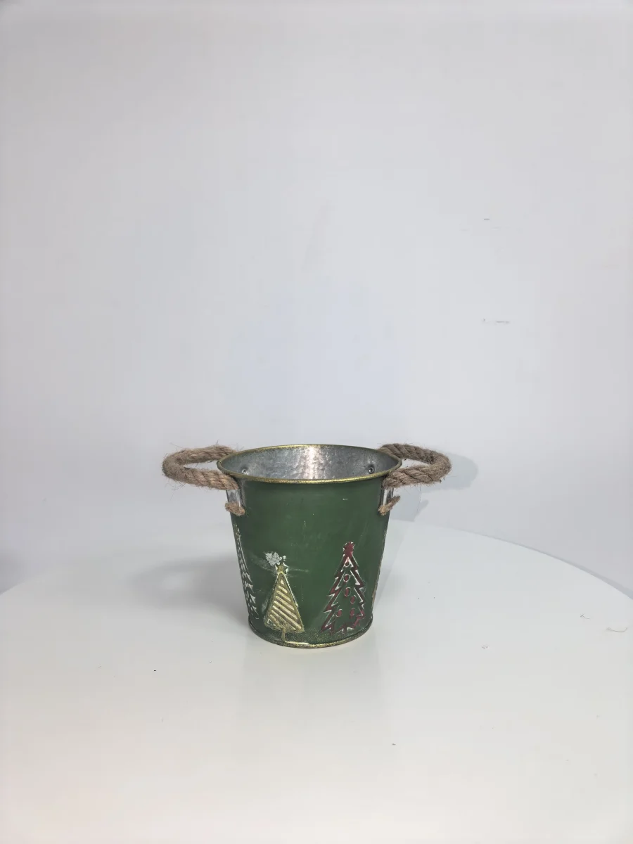 Vintage Green Distressed Metal Bucket with Rope Handles, Embossed Christmas Tree Metal Pot for Xmas Decor