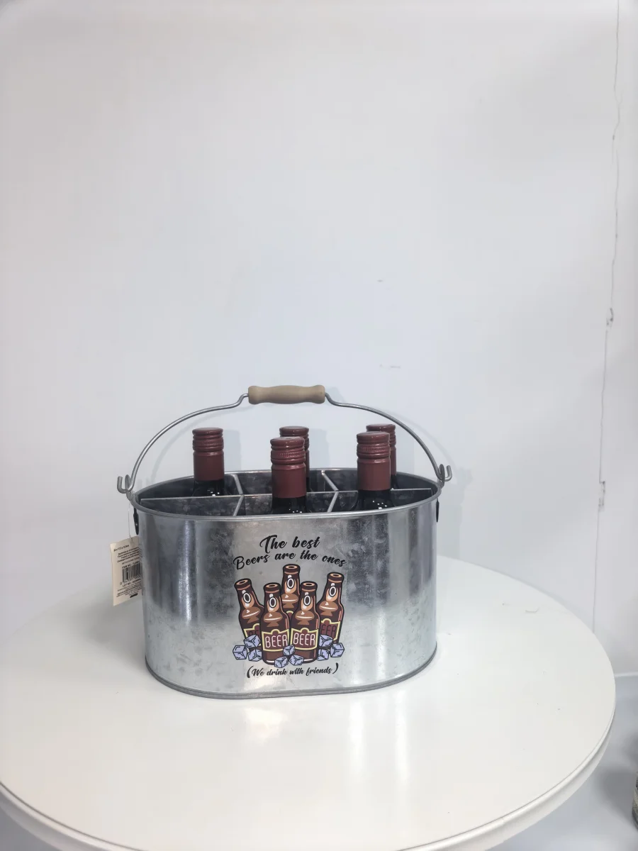 Galvanized Metal Beer Caddy with Wooden Grip Handle, 6 Bottle Divided Wine Carrier Bucket for Party