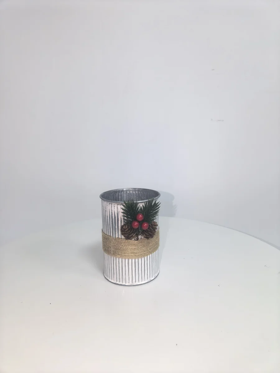 White Distressed Corrugated Metal Christmas Vase with Jute Band, Pine Cone & Red Berry Decor