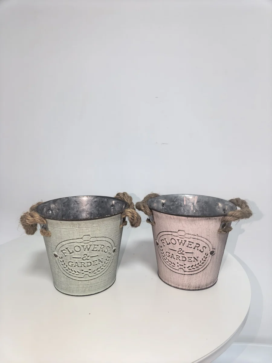 Distressed Metal Bucket with Hemp Rope Handles, Embossed Flowers & Garden Metal Planter Pot