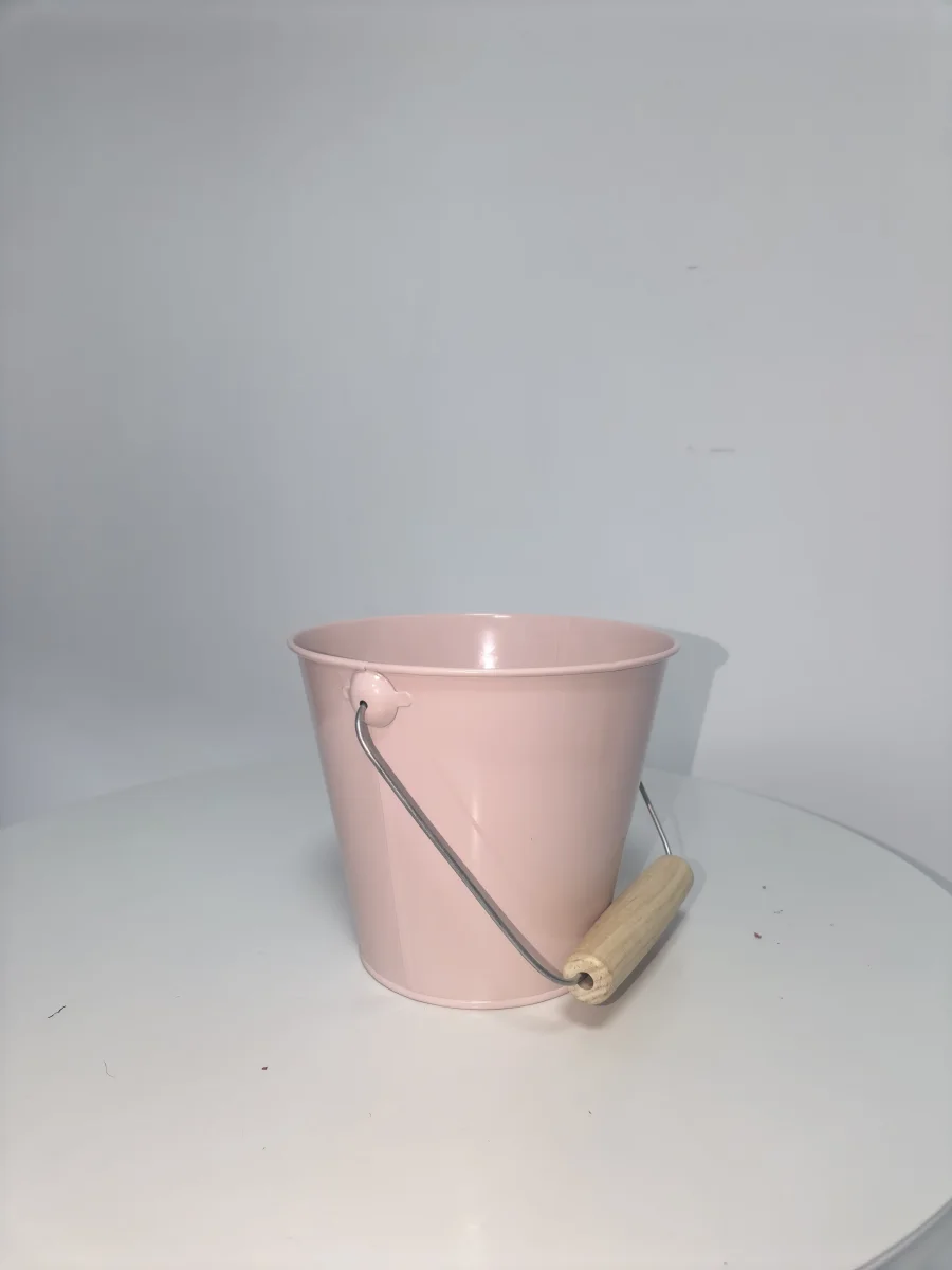 Solid Light Pink Metal Bucket Planter with Wooden Grip Handle, Galvanized Flower Pail
