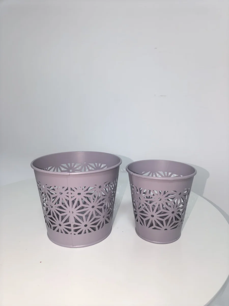 Lavender Hollow Cutout Flower Metal Planter Pots, Set of 2 Nesting Metal Buckets