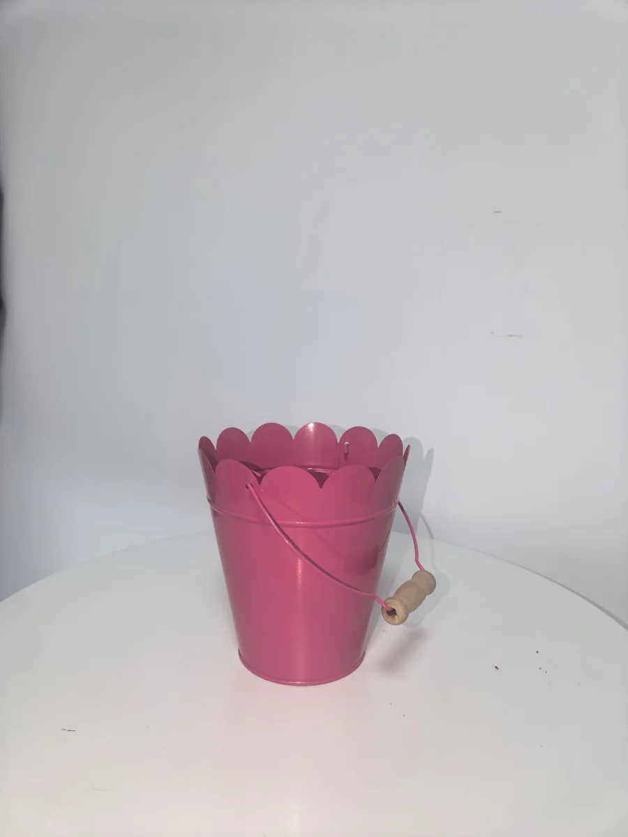 Fuchsia Metal Bucket Planter with Scalloped Flower Rim & Wooden Grip Handle, Galvanized Flower Pail