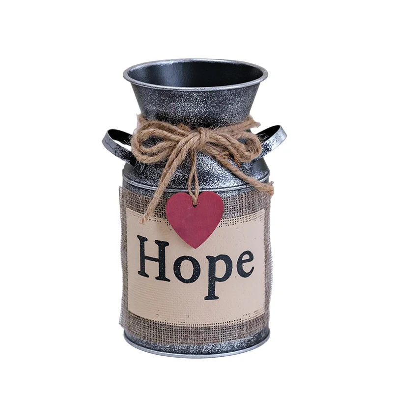 Rustic Farmhouse Hope Metal Milk Can Vase, Vintage Milk Jug with Wooden Heart Tag & Jute Rope
