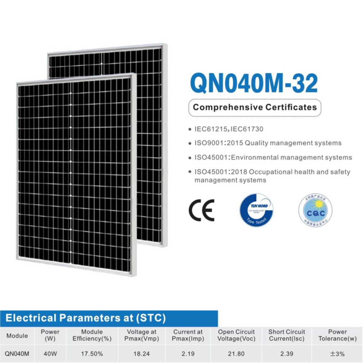 40w 18.2v Mono 182mm Solar Panel QN-182M04018 image 2