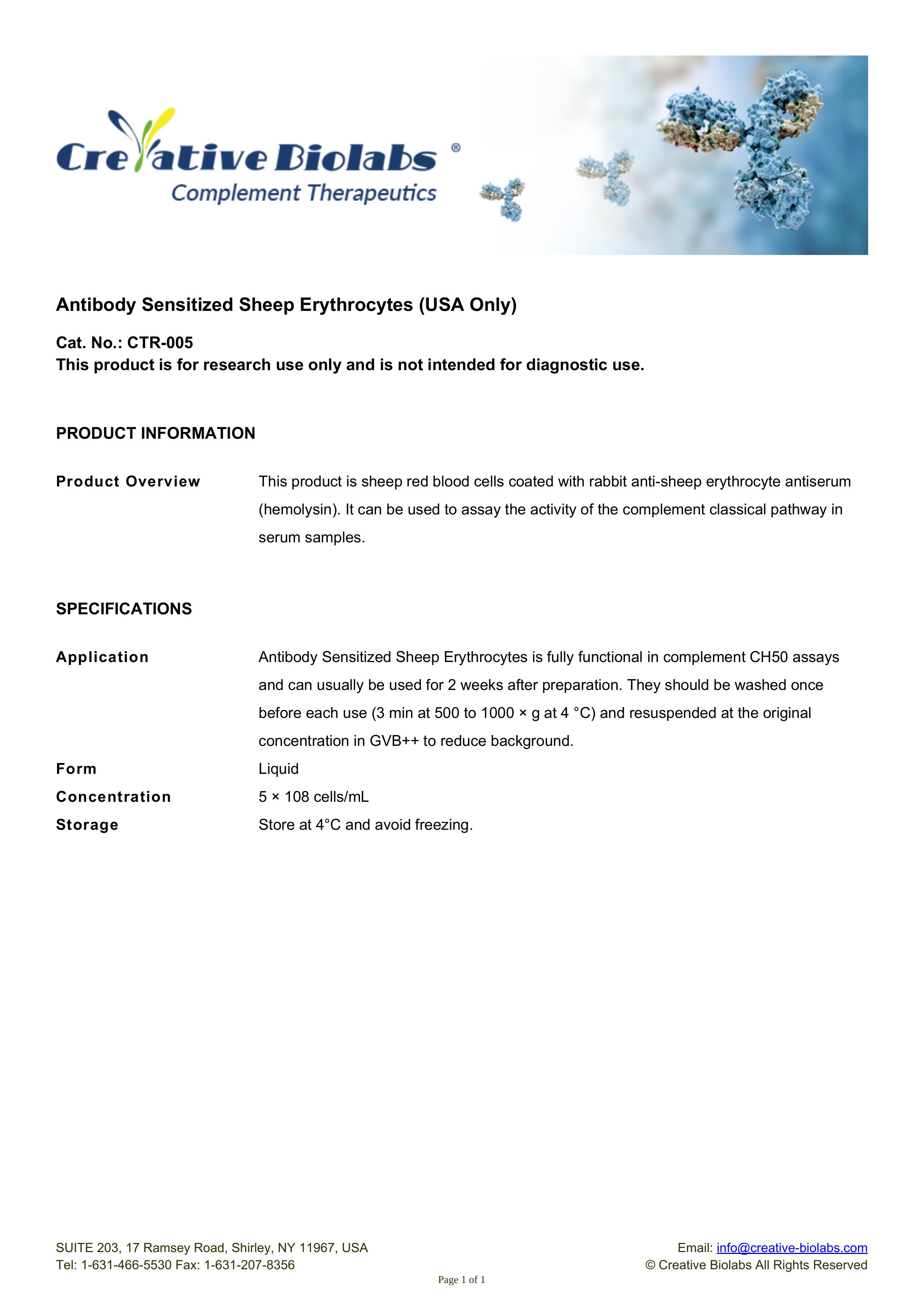 Antibody Sensitized Sheep Erythrocytes (USA Only)