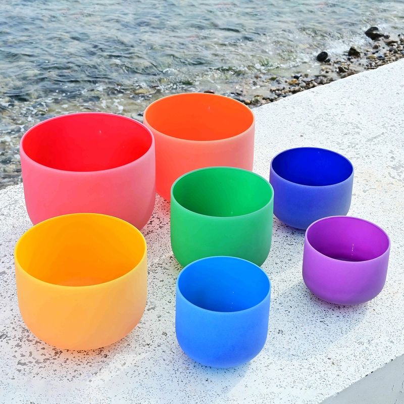 Colored Frosted Quartz Crystal Singing Bowl 7 pcs Chakra Set Sound Healing with Carry Bags image 2