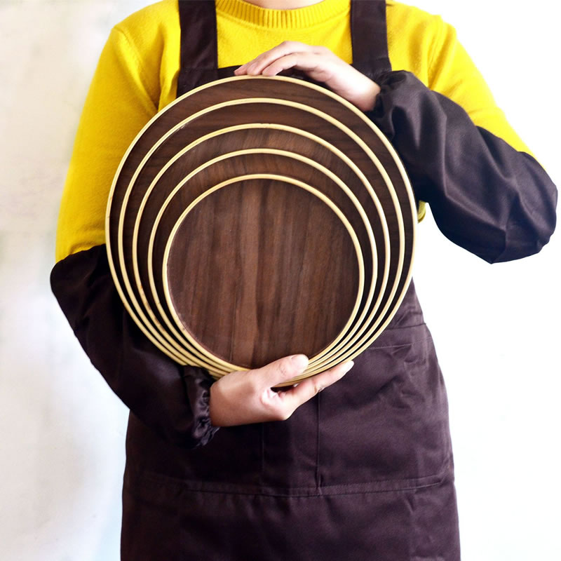 Popular Tableware Handmade Black Walnut Solid Breakfast Tea Coffee Round Wood Serving Tray Set For Hotel image 5