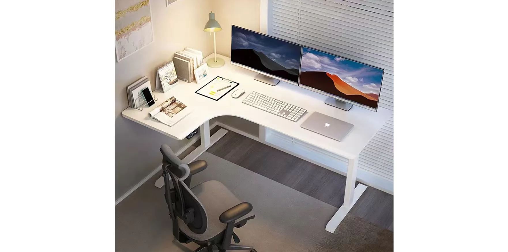 Large Electric Height Adjustable Computer Workstation L Shape Stand Up Corner Desk image 2
