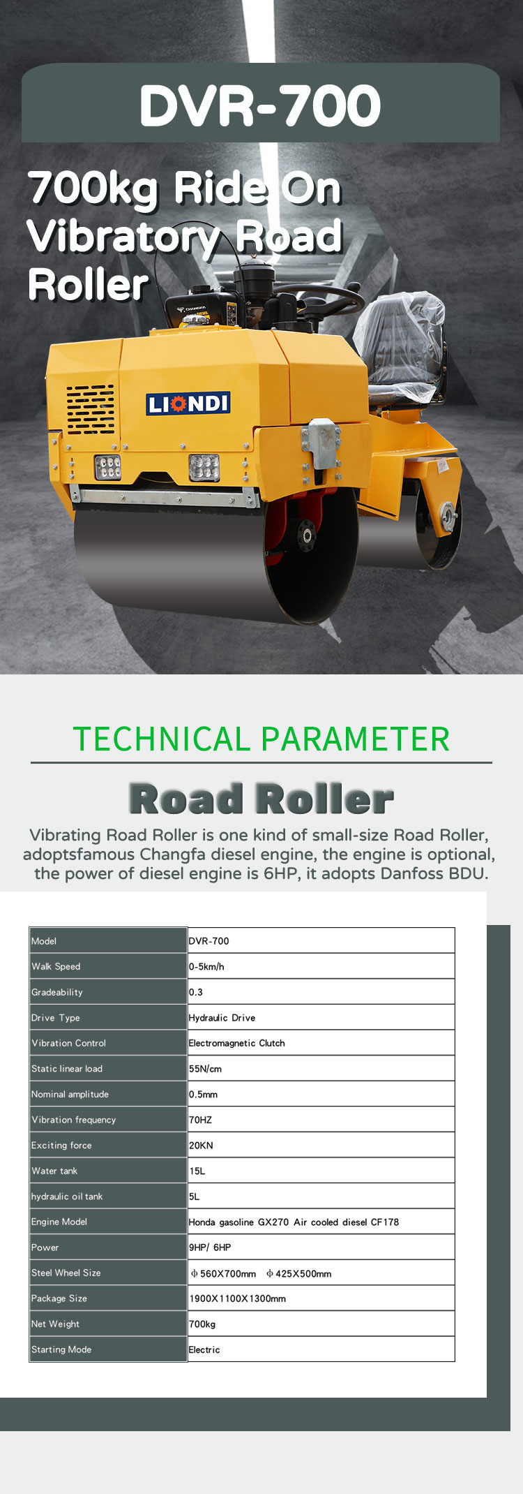 DVR-700 700kg Ride On Vibratory Road Roller image 1