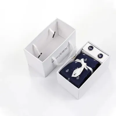 FN-049  Luxury Gift Blue Logo Polyester Fabric Necktie With Hankie With Gift Box Set