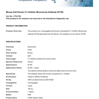 Mouse Anti-Human C1 Inhibitor Monoclonal Antibody (KT28)