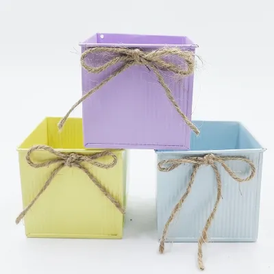 Pastel Square Tin Planter with Jute Bow Ribbed Metal Flower Pot Home Decor