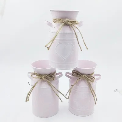 Vintage Heart Embossed Milk‑Can Metal Vase Pink Tin Pot with Jute Bow Home Decor