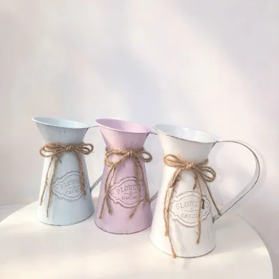 Vintage Metal Pitcher Vase with Jute Bow, Farmhouse Flower Jug for Dry Flowers Shabby Chic Iron Watering Can Vase, Rustic Tabletop Decor Pastel Farmhouse Flower Pitcher, Country Home Decor