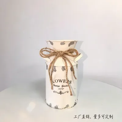 Vintage Farmhouse Metal Milk Can Vase, Distressed White Iron Flower Pot with Jute Rope