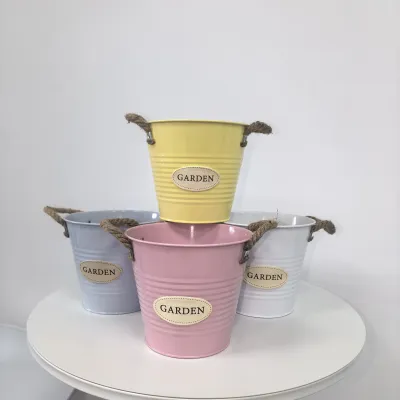 Colorful Metal Garden Bucket Planter with Jute Rope Handle, Galvanized Iron Flower Pot