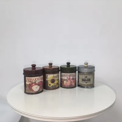 Vintage Printed Metal Storage Canister with Wooden Knob Lid, Farmhouse Decorative Tin Jar, 4 Patterns Available