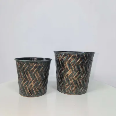 Rustic Green Bronze Metal Planter Set of 2, Vintage Herringbone Pattern Plant Pots