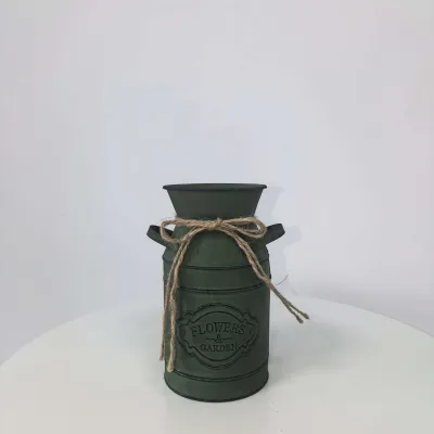Vintage Green Metal Milk Can Vase with Jute Rope, Farmhouse Flower Jug