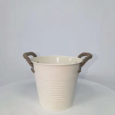 White Striped Metal Bucket with Rope Handles, Farmhouse Flower Pot
