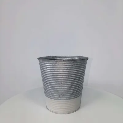 Two Tone Ribbed Metal Planter Bucket, Galvanized Farmhouse Flower Pot