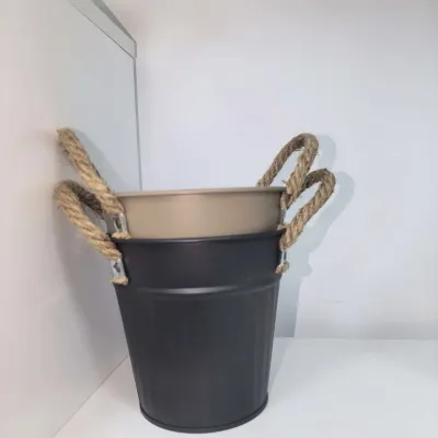 Galvanized Metal Bucket with Rope Handle, Farmhouse Decorative Flower Planter