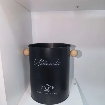Metal Kitchen Utensil Holder with Wooden Knob Handles, Farmhouse Cooking Tool Storage Bucket